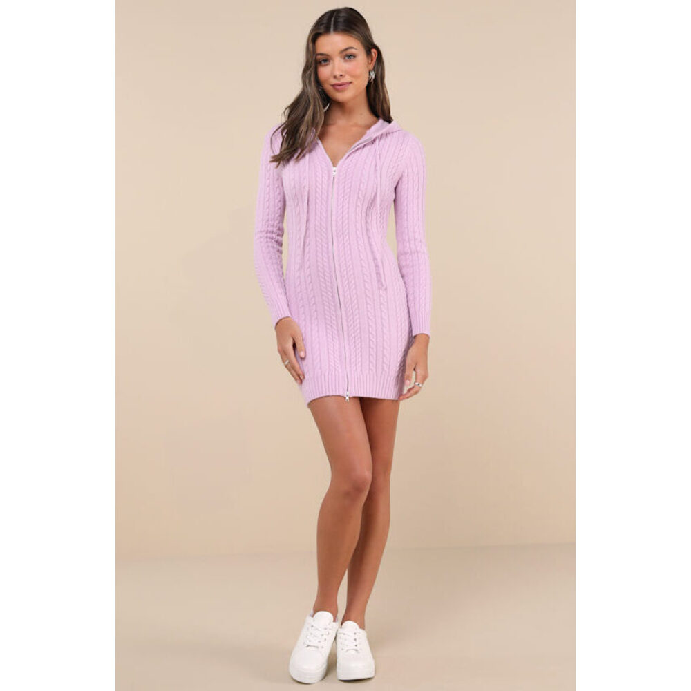 Lulus Cozy Aura Lilac Cable Knit Zip-front Hooded Sweater Mini Dress Purple